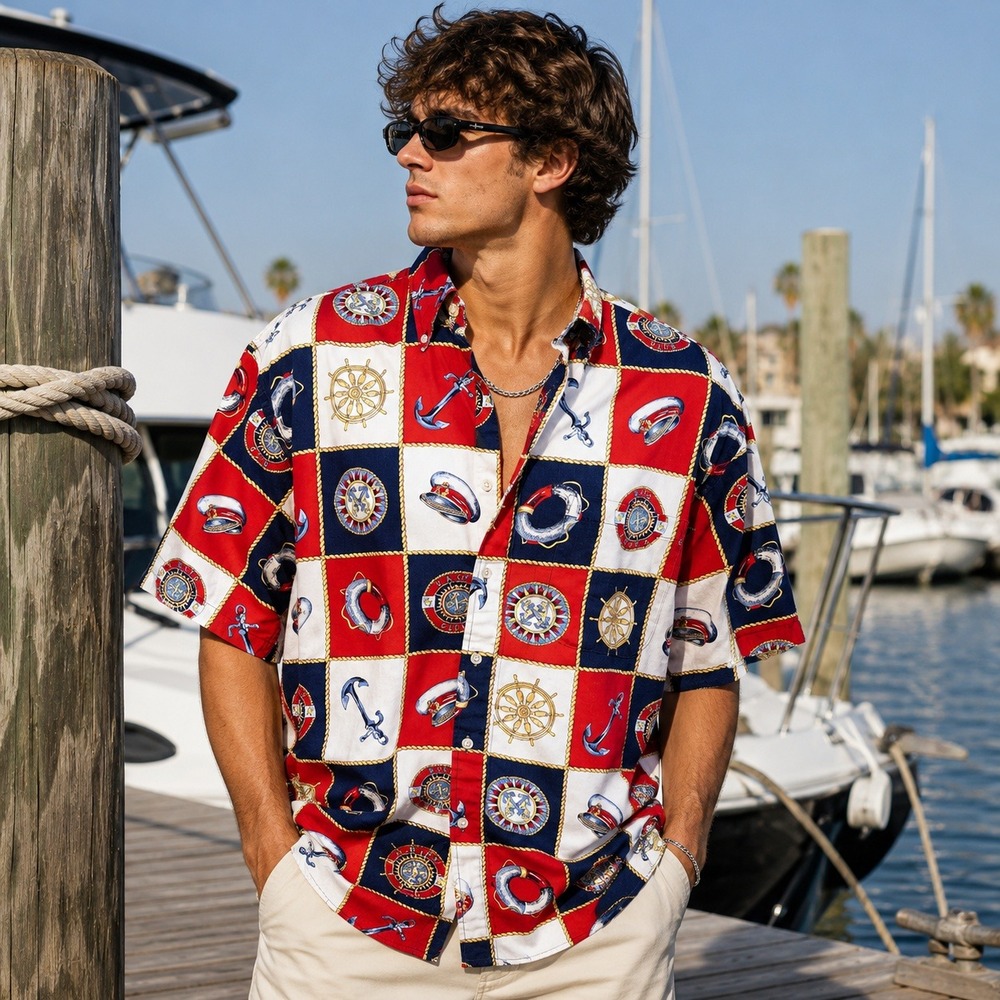 Vintage Y2K Palladium Mens Nautical Button Up Shirt Sz M Cotton Short Sleeve USA